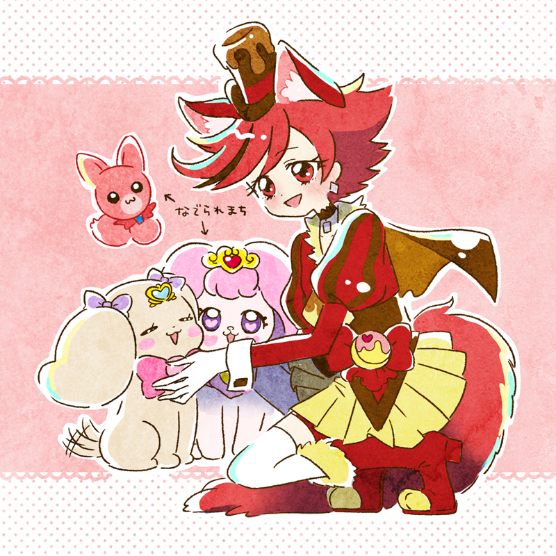 1girl :d animal_ears blush bow brooch brown_cape brown_choker cape choker closed_eyes commentary_request cure_chocolat dog dog_tail ear_ribbon earrings extra_ears gloves go!_princess_precure hat healin'_good_precure healing_animal heart hoppetoonaka3 jewelry kenjou_akira kirakira_precure_a_la_mode latte_(precure) long_sleeves magical_girl open_mouth polka_dot polka_dot_background precure puff_(go!_princess_precure) puffy_sleeves red_eyes red_hair short_hair shorts shorts_under_skirt silver_earrings simple_background skirt smile tail thighhighs top_hat white_gloves