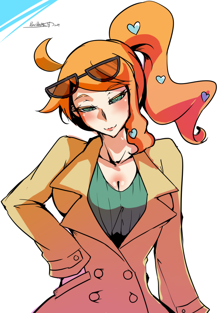 1girl aqua_eyes aqua_shirt breasts brown_coat cleavage coat collarbone eyewear_on_head hair_ornament half-closed_eyes hand_in_pocket hand_on_own_hip heart heart_hair_ornament large_breasts orange_hair pokemon pokemon_(game) pokemon_swsh qianbi_he ribbed_shirt shirt side_ponytail signature solo sonia_(pokemon) sunglasses swept_bangs