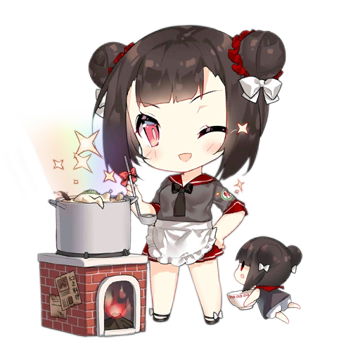 2girls apron artist_request black_footwear black_necktie blush blush_stickers bowl brick brick_oven brown_dress chibi chicken_(food) cooking_fairy_(girls'_frontline) cooking_pot double_bun dress fairy_(girls'_frontline) fire firewood floating food footwear_ribbon full_body girls'_frontline grey_shirt hair_bun hair_ornament hair_ribbon hair_scrunchie hand_on_own_hip holding holding_bowl holding_ladle ladle looking_at_viewer multiple_girls necktie no_socks official_art one_eye_closed oven pleated_skirt poster_(object) rainbow red_ribbon red_sailor_collar red_scrunchie red_skirt ribbon sailor_collar scrunchie shirt short_hair short_sleeves simple_background skirt slit_pupils smile soup soup_ladle sparkle standing third-party_source transparent_background waist_apron white_ribbon |_|