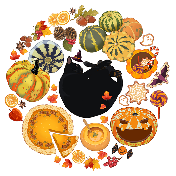 acorn animal_focus autumn autumn_leaves bat_(animal) black_cat candy cat chinese_lantern_(plant) circle_formation cookie cranberry food food_art food_focus fruit halloween hat holly jack-o'-lantern leaf lollipop maple_leaf mini_hat no_humans orange_(fruit) orange_slice original pecan pie pie_slice pinecone pumpkin pumpkin_pie pumpkin_soup silk simple_background slothm22 soup spider_web spoon star_anise_(spice) swirl_lollipop white_background witch_hat wrapped_candy