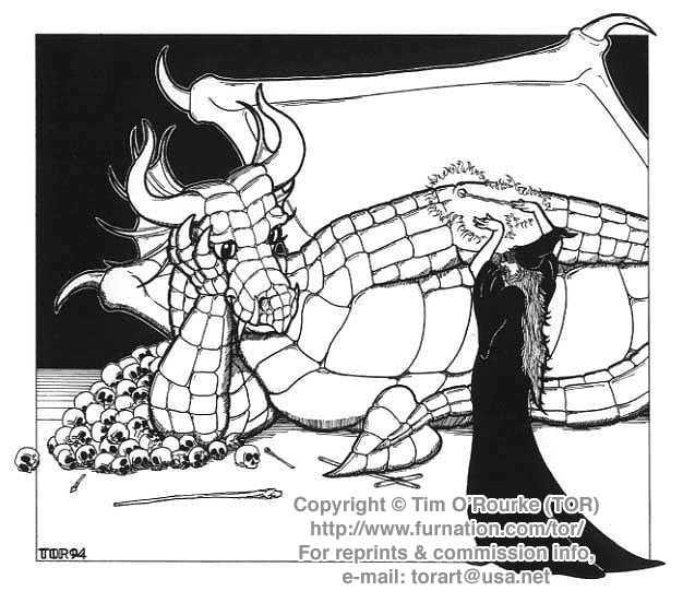 1994 anthro bone clothing dragon duo english_text female hat headgear headwear horn magic male monochrome scales signature skull tail text tim_o'rourke traditional_media_(artwork) wings wizard_hat