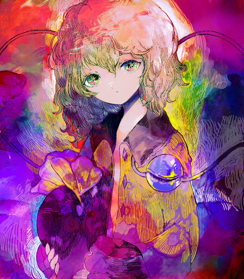 1girl abstract_background anabone bow closed_mouth colorful commentary eyeball frilled_shirt_collar frills green_eyes grey_hair hat hat_bow hat_removed hat_ribbon head_tilt headwear_removed heart heart_of_string holding holding_clothes holding_hat komeiji_koishi long_sleeves looking_at_viewer open_clothes open_shirt psychedelic ribbon shirt short_hair solo string third_eye touhou wide_sleeves