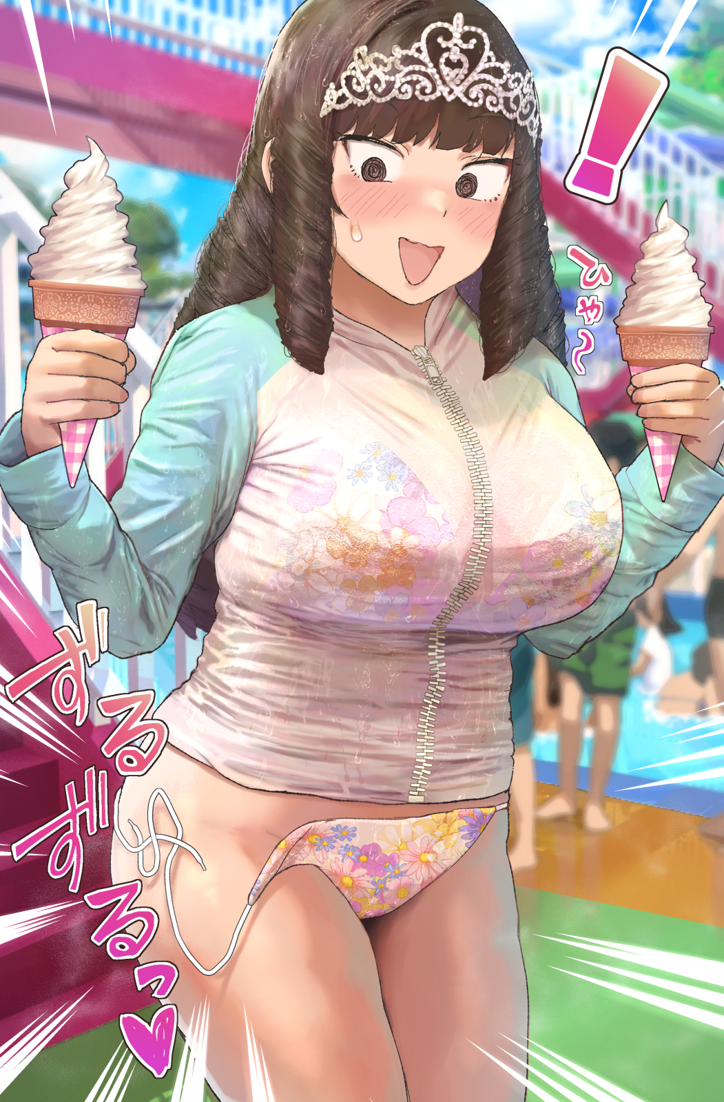 1girl @_@ aqua_jacket bikini blush breasts brown_eyes brown_hair drill_hair floral_print food highres holding holding_food holding_ice_cream ice_cream jacket large_breasts multicolored_clothes multicolored_jacket nose_blush open_mouth original people plump pool ryokucha_michi solo_focus stairs sweatdrop swimsuit tiara wardrobe_malfunction water waterpark white_jacket zipper