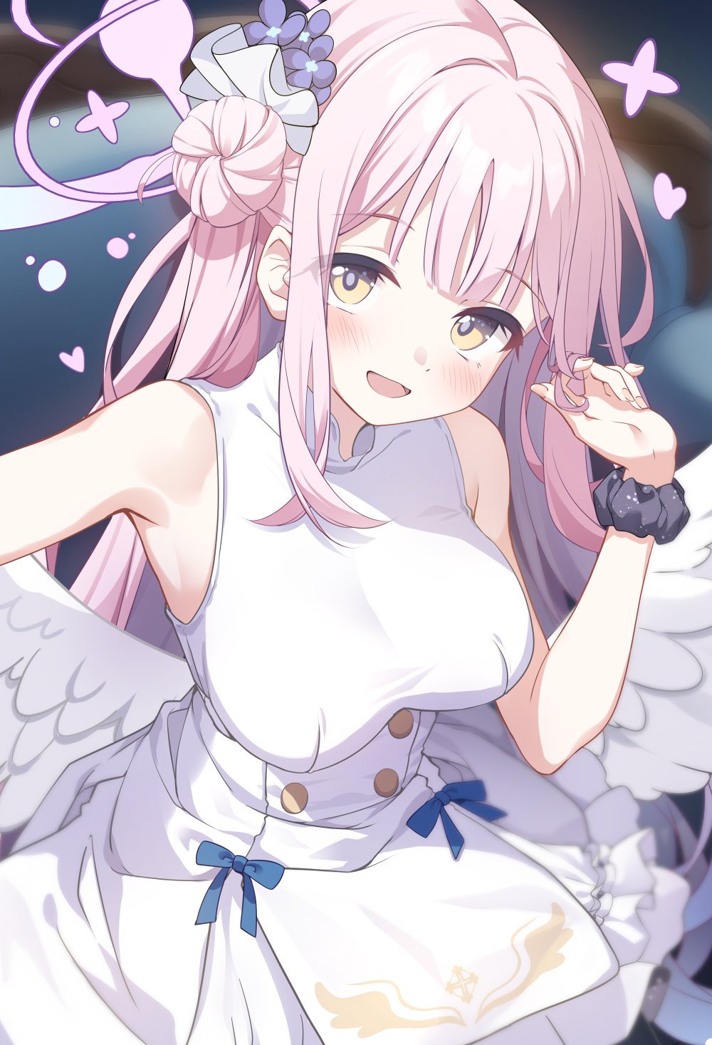 1girl angel_wings armpits bare_shoulders black_scrunchie blue_archive blue_bow blue_flower blush bow breasts cowboy_shot cross dress feathered_wings flower frilled_dress frills hair_bun hair_intakes hair_ornament hair_twirling halo heart highres kinokomushi large_breasts looking_at_viewer low_wings mika_(blue_archive) pink_hair pink_halo scrunchie sidelocks single_side_bun solo star_(symbol) turtleneck white_dress white_wings wings wrist_scrunchie yellow_eyes