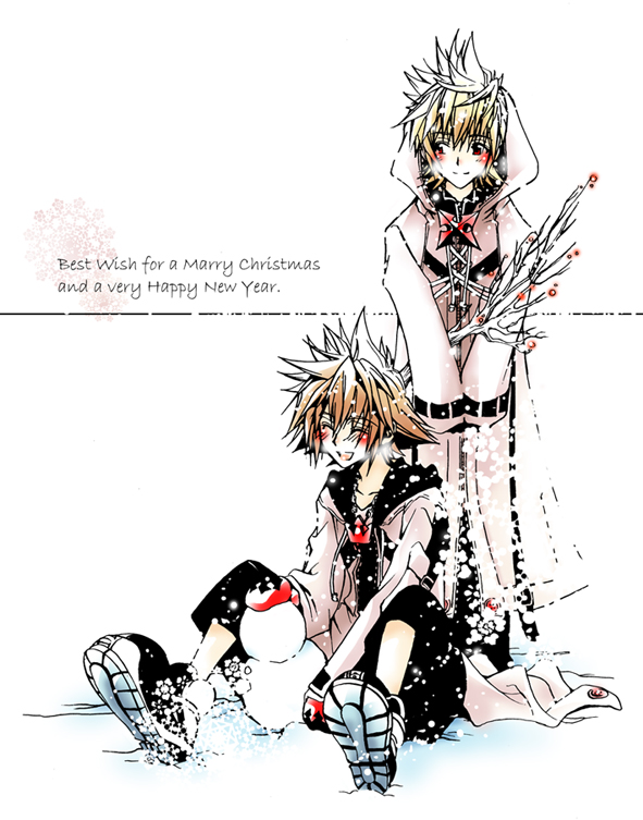 2boys black_footwear black_hood black_pants blonde_hair blush branch brown_hair closed_eyes coat commentary eguana english_commentary english_text facing_viewer happy happy_new_year holding holding_branch hood hooded_coat hooded_jacket jacket kingdom_hearts kingdom_hearts_ii long_coat male_focus merry_christmas mittens multiple_boys open_mouth outdoors pants red_eyes red_mittens roxas shoes short_hair simple_background sitting smile snow snowflakes snowing snowman sora_(kingdom_hearts) spiked_hair standing white_background white_coat white_jacket winter