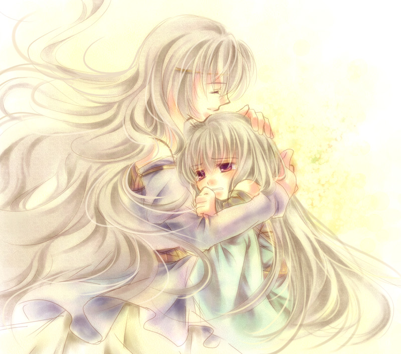 2girls circlet closed_eyes comforting deirdre_(fire_emblem) dress fire_emblem fire_emblem:_genealogy_of_the_holy_war grey_hair hand_on_another's_head hug julia_(fire_emblem) long_hair mio_(yumehikou) mother_and_daughter multiple_girls parent_and_child purple_eyes simple_background
