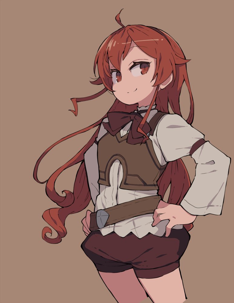 1girl ahoge brown_background brown_shorts cropped_legs eris_greyrat hairband hands_on_own_hips long_hair long_sleeves looking_at_viewer mushoku_tensei red_eyes red_hair shimazaki1152 shorts simple_background solo very_long_hair