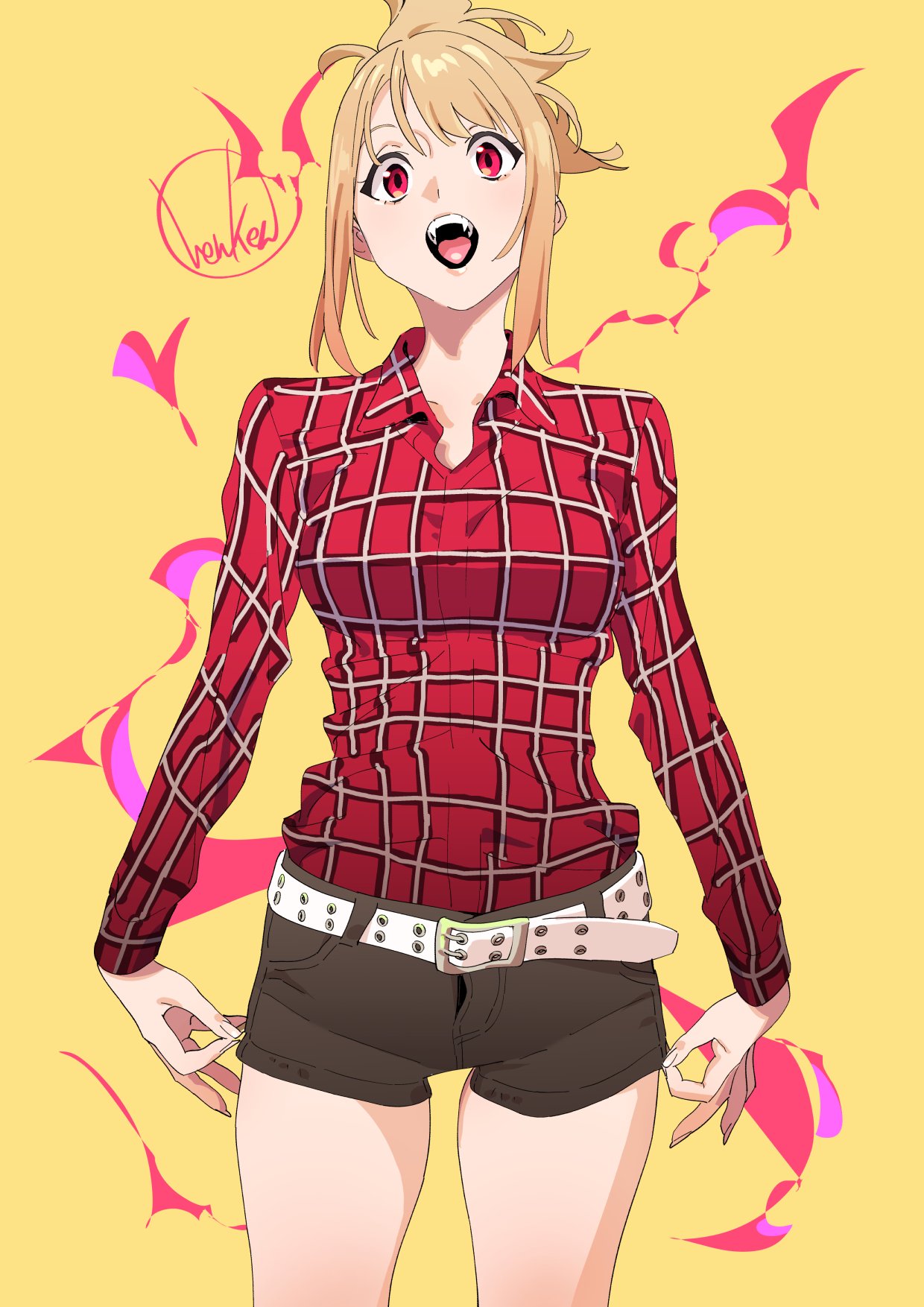 1girl belt blonde_hair brown_shorts collared_shirt commentary_request fangs feet_out_of_frame henken highres long_sleeves open_mouth original plaid plaid_shirt ponytail red_eyes red_shirt shirt shorts sienna_(henken) signature simple_background solo thighs tongue vampire white_belt yellow_background