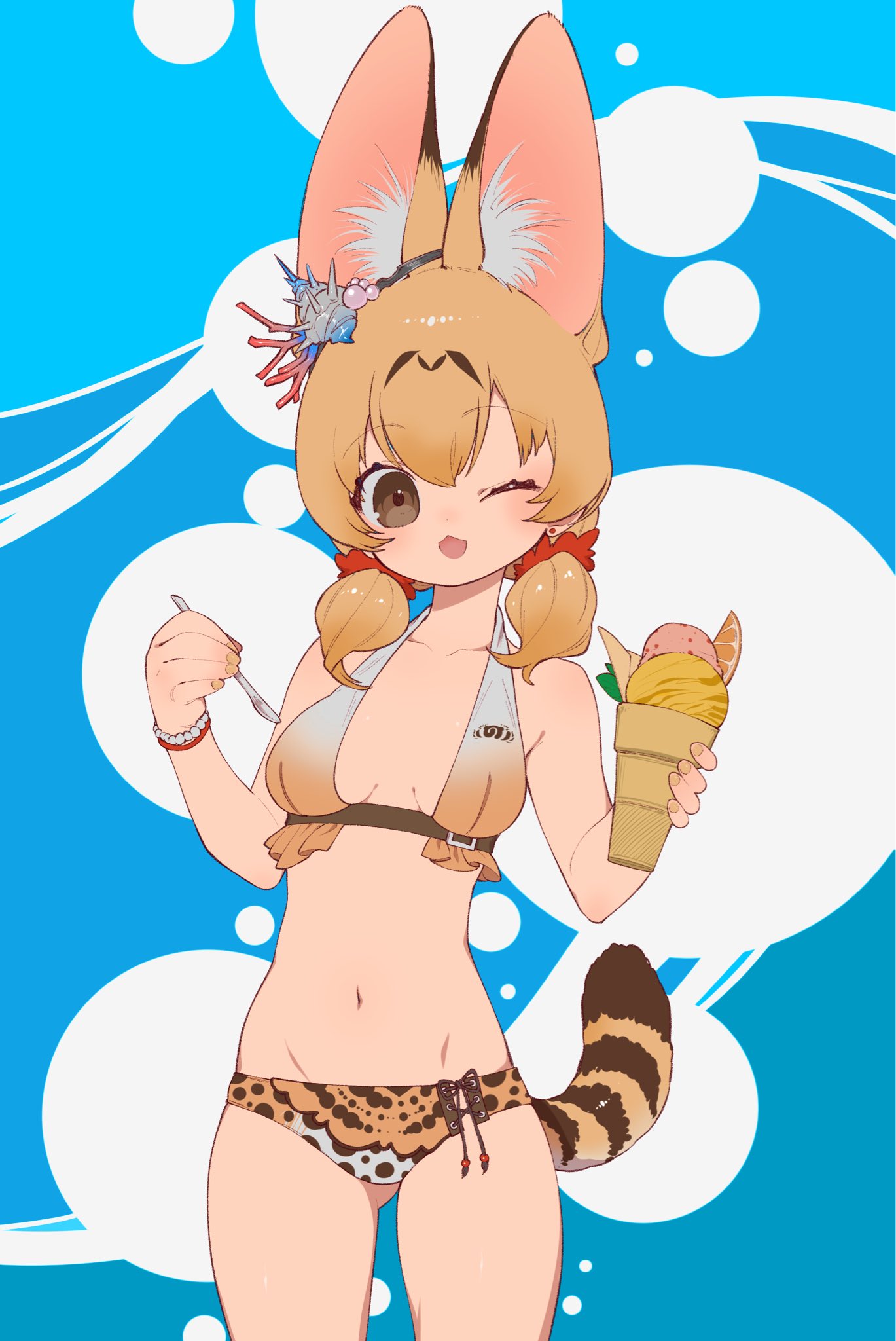 1girl animal_ears bikini blonde_hair blue_background brown_eyes cat_ears cat_girl cat_tail extra_ears food hair_ornament highres ice_cream kemono_friends looking_at_viewer notora one_eye_closed ribbon serval_(kemono_friends) short_hair simple_background solo spoon summer swimsuit tail twintails