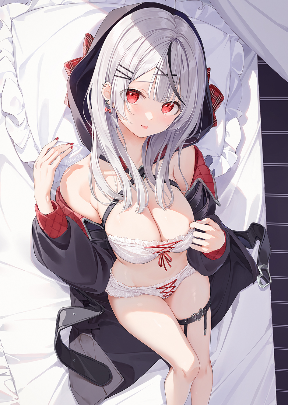 1girl bed_sheet black_coat bow bow_earrings bra breasts cleavage coat earrings grey_hair hair_ornament hand_up highres hololive hood hood_up hooded_coat jewelry kinako_(shiratama_mochi) large_breasts long_hair looking_at_viewer lying multicolored_hair off_shoulder on_back panties pillow plaid plaid_bow red_eyes red_nails sakamata_chloe solo streaked_hair thigh_strap thighs underwear virtual_youtuber white_bra white_panties x_hair_ornament