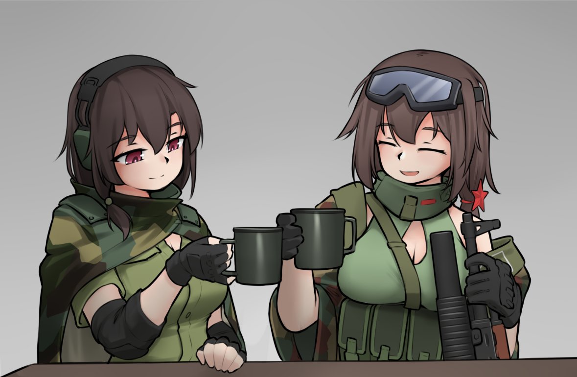 2girls armedshipyard assault_rifle black_gloves breasts brown_hair camouflage camouflage_cape camouflage_jacket cleavage closed_eyes cup ear_protection elbow_pads fingerless_gloves girls'_frontline gloves goggles goggles_on_head green_shirt grenade_launcher grey_background gun hair_between_eyes hair_ornament holding holding_cup holding_gun holding_weapon jacket large_breasts long_hair mod3_(girls'_frontline) mug multiple_girls open_mouth red_eyes rifle scene_reference shirt short_sleeves simple_background sleeveless sleeveless_shirt smile star_(symbol) star_hair_ornament table type_56-1_(girls'_frontline) type_56_assault_rifle type_64_(girls'_frontline) underbarrel_grenade_launcher upper_body weapon wreaths_at_the_foot_of_the_mountain