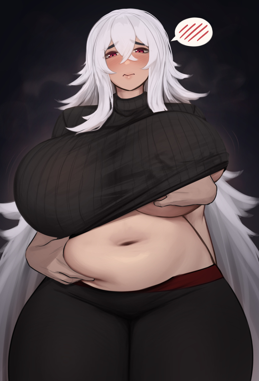 azur_lane belly_grab black_pants black_sweater breasts clothes_lift curvy grabbing grabbing_another's_breast graf_zeppelin_(azur_lane) grey_hair hair_between_eyes highres huge_breasts large_breasts long_hair navel pants plump red_eyes roresu spoken_blush sweater sweater_lift thick_eyebrows very_long_hair white_hair yoga_pants