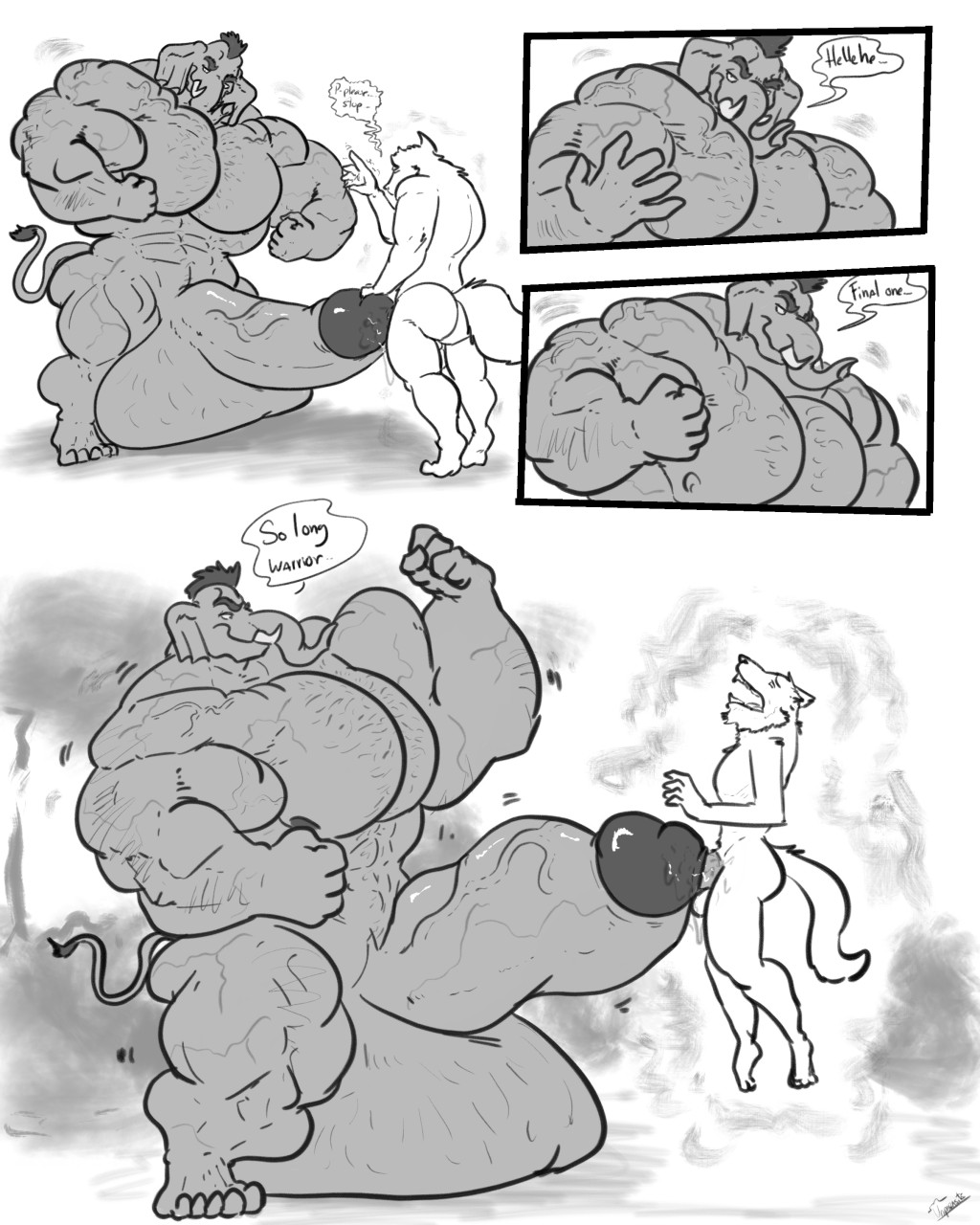 anthro balls big_balls big_biceps big_muscles canid canine canis comic dialogue dock dock_piercing draining duo elephant elephantid furgonomics furry-specific_piercing genitals growth hi_res huge_balls huge_muscles hyper hyper_balls hyper_genitalia hyper_pecs male male/male mammal mohawk muscle_growth muscular muscular_anthro muscular_male piercing proboscidean shrinking size_difference size_transformation text thick_thighs transformation uniparasite vain weak wolf xythan_(character)