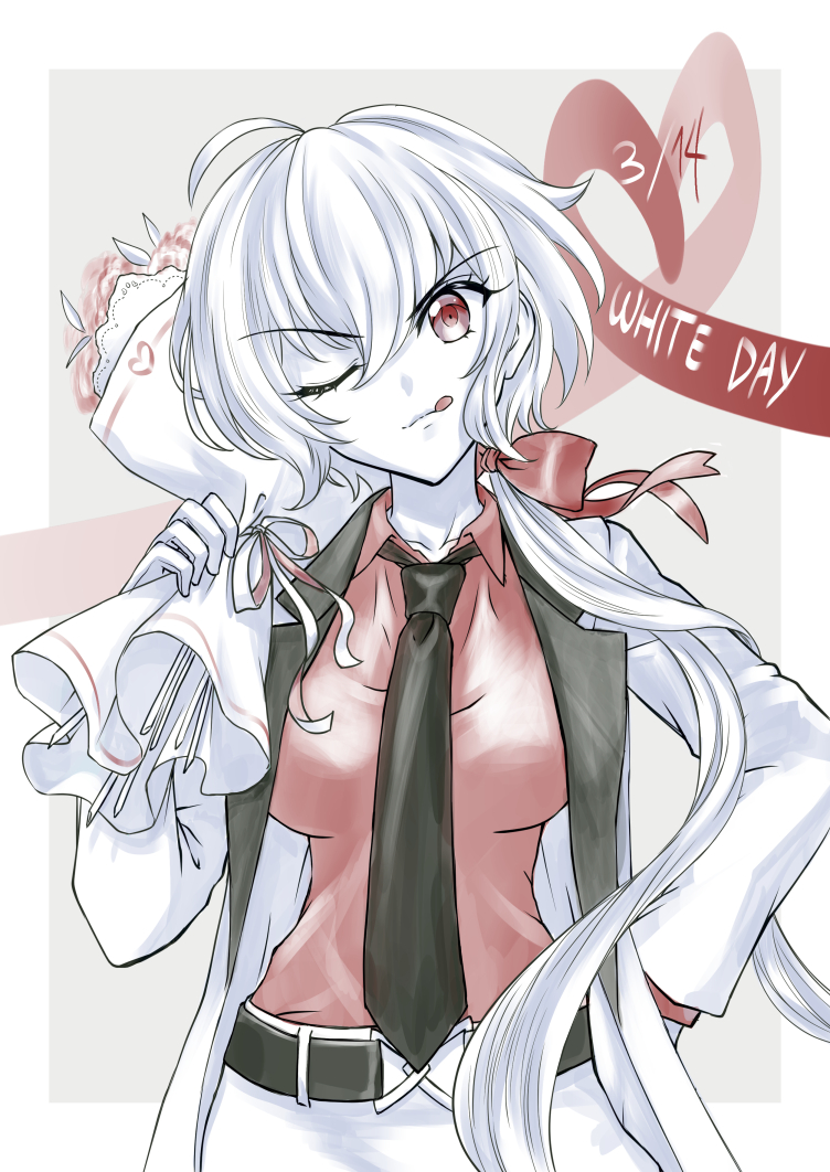 ahoge axia-chan belt black_belt black_necktie bouquet closed_mouth hair_ribbon holding holding_bouquet jacket long_hair long_sleeves necktie one_eye_closed pants red_eyes red_ribbon red_shirt ribbon senki_zesshou_symphogear shirt tongue tongue_out very_long_hair white_day white_hair white_jacket white_pants white_theme yukine_chris