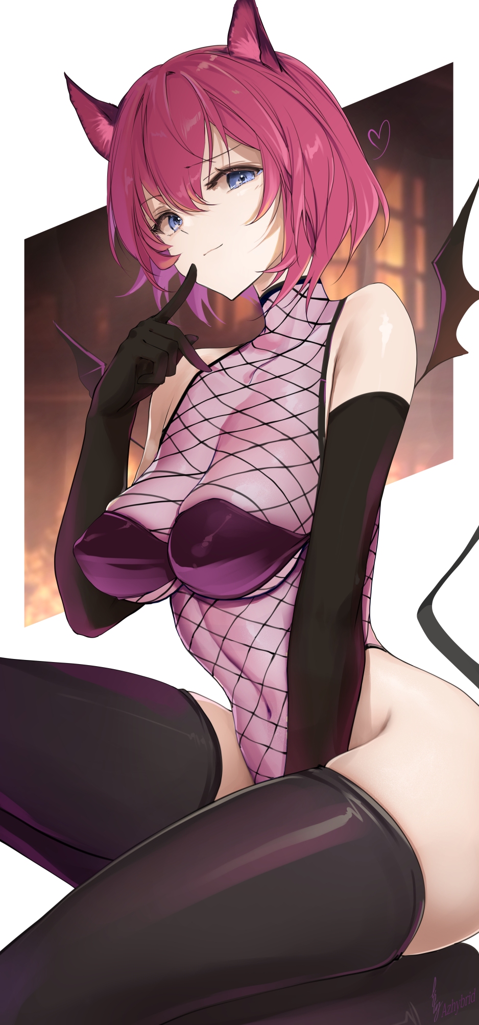 1girl animal_ear_fluff animal_ears artist_name bare_shoulders black_gloves black_thighhighs blue_eyes blurry blurry_background bob_cut breasts cat_ears cleavage closed_mouth commentary_request covered_collarbone covered_navel demon_girl demon_tail demon_wings elbow_gloves finger_to_mouth fishnet_leotard from_below gloves hair_between_eyes heart highleg highleg_leotard highres index_finger_raised large_breasts leotard linea_alba looking_at_viewer night no_shoes original pink_hair pink_leotard raised_eyebrow see-through see-through_leotard signature sitting sleeveless_turtleneck_leotard smile solo tail thighhighs thighs turtleneck_leotard white_background window wings won_(az_hybrid)