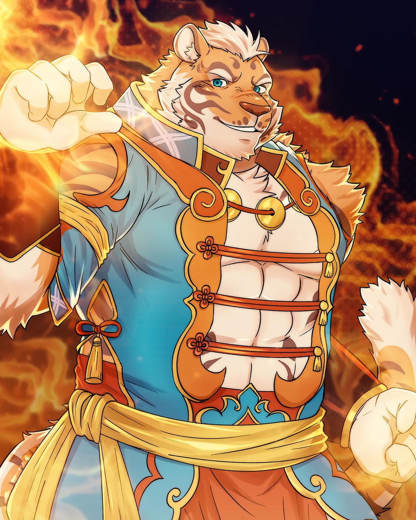 1boy abs animal_ears bara bulge cowboy_shot daisukebear fiery_aura fighting_stance fire furry furry_male highres large_pectorals lin_hu_(nekojishi) looking_at_viewer male_focus mature_male muscular muscular_male navel navel_hair nekojishi orange_fur paid_reward_available pectorals pyrokinesis short_hair solo stomach strongman_waist thick_thighs thighs tiger_boy tiger_ears