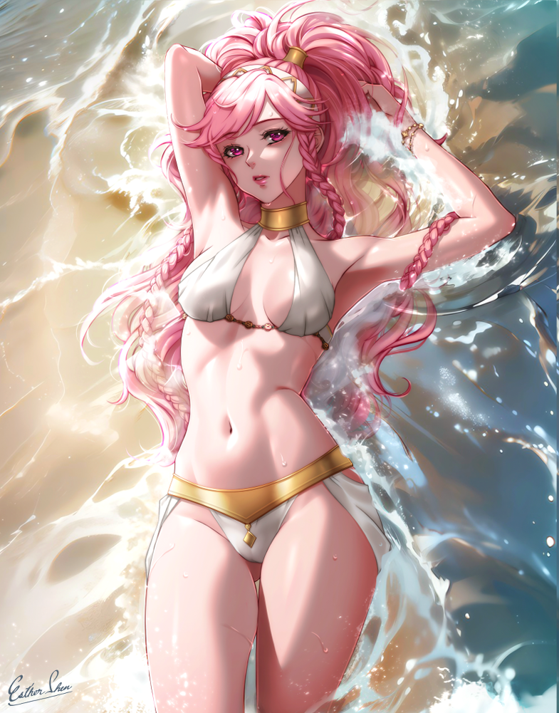 1girl alternate_costume armpits artist_name bikini braid breasts cleavage commentary english_commentary esther_shen fire_emblem fire_emblem_awakening harem_outfit lips long_hair looking_at_viewer lying medium_breasts navel olivia_(fire_emblem) parted_lips partially_submerged pink_eyes pink_hair pink_lips ponytail solo stomach swimsuit twin_braids very_long_hair water wet white_bikini