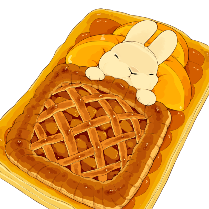 animal animal_focus apple_pie bed closed_eyes closed_mouth commentary_request food-themed_pillow food_focus full_body lilac_(p-f_easy) lying no_humans on_back original rabbit simple_background sleeping solo under_covers white_background