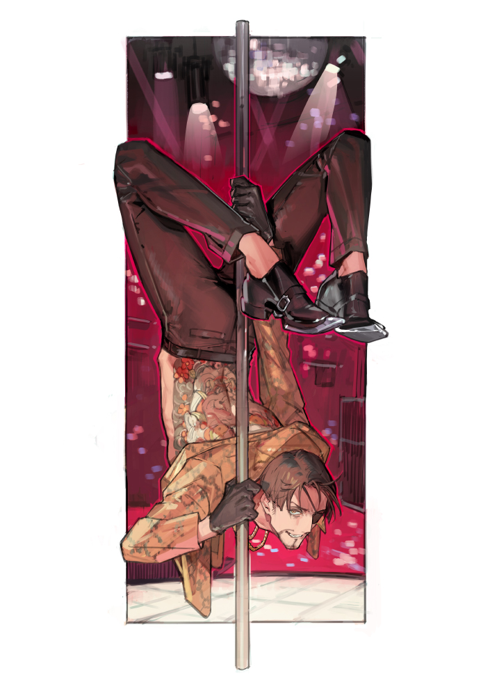 1boy back_tattoo belt black_belt black_footwear black_gloves border brown_hair brown_pants chain_necklace clenched_hands eyepatch footwear_request gloves grin indoors irezumi jacket jewelry long_sleeves looking_at_viewer majima_goro necklace one_eye_covered outside_border pants pink_background pole pole_dancing ryuu_ga_gotoku_(series) short_hair smile snakeskin solo starshadowmagician tattoo tile_floor tiles upside-down white_border yellow_jacket