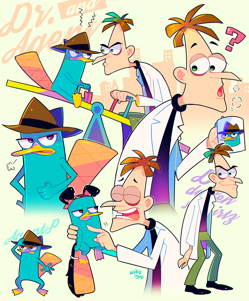 2boys ? animal_ears aqua_pants aqua_skin artist_name black_shirt brown_hair brown_headwear character_name fake_animal_ears fedora hat heinz_doofenshmirtz lab_coat multiple_boys multiple_persona orange_tail otoe_(milkyboy_inc.) pants perry_the_platypus phineas_and_ferb platypus seesaw shirt short_hair