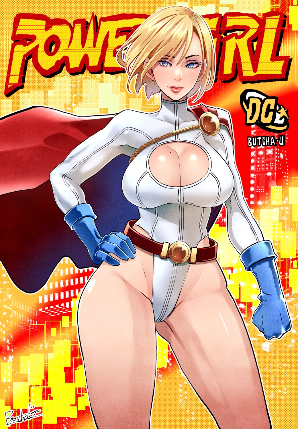 1girl artist_name belt blue_eyes blue_gloves breasts butcha-u cape character_name cleavage cleavage_cutout clothing_cutout copyright_name cover cowboy_shot dc_comics english_commentary fake_cover gloves hand_on_own_hip highleg highleg_leotard highres large_breasts leotard looking_at_viewer loose_belt mole mole_under_mouth power_girl red_cape short_hair signature solo superhero superman_(series) white_leotard