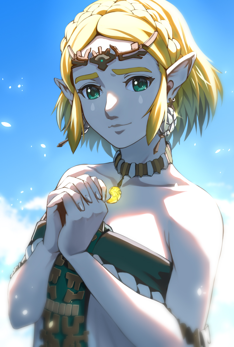 1girl bare_shoulders blonde_hair blue_sky braid closed_mouth cloud collarbone commentary crown_braid delsaber dress earrings facial_mark green_eyes jewelry looking_at_viewer magatama magatama_necklace necklace own_hands_together pointy_ears princess_zelda short_hair sky smile solo strapless strapless_dress teardrop_facial_mark the_legend_of_zelda the_legend_of_zelda:_tears_of_the_kingdom white_dress