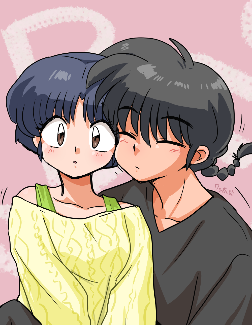 1boy 1girl black_hair blue_hair blush breasts brown_eyes closed_eyes closed_mouth couple hetero highres open_mouth pink_background ranma_1/2 short_hair signature sweater wanta_(futoshi) yellow_sweater