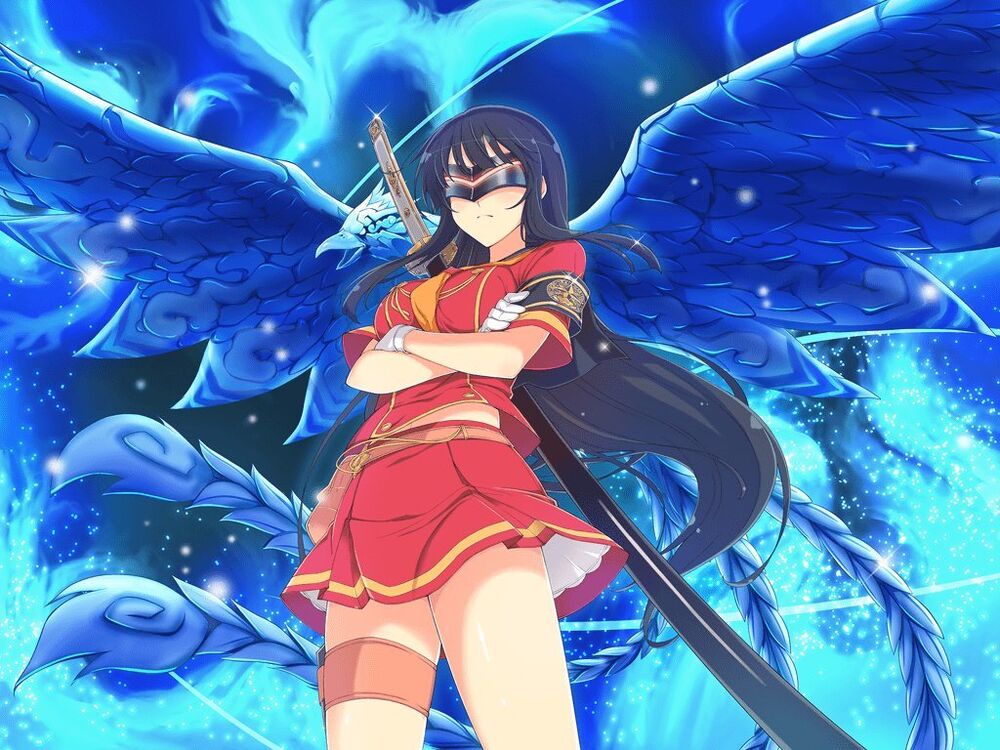 1girl arm_under_breasts armband beak bird black_hair black_mask blue_fire blunt_bangs breast_hold breasts buttons crossed_arms double-breasted feathers fiery_wings fire flame gloves hanzou_academy_uniform hime_cut holster ikaruga_(senran_kagura) kunai large_breasts long_hair mask midriff_peek official_alternate_color official_art ootachi phoenix pleated_skirt red_shirt red_skirt scabbard school_uniform senran_kagura senran_kagura_new_link senran_kagura_shoujo-tachi_no_shin'ei sheath sheathed shiny_skin shirt skirt solo standing sword thigh_holster very_long_hair weapon white_gloves wings yaegashi_nan