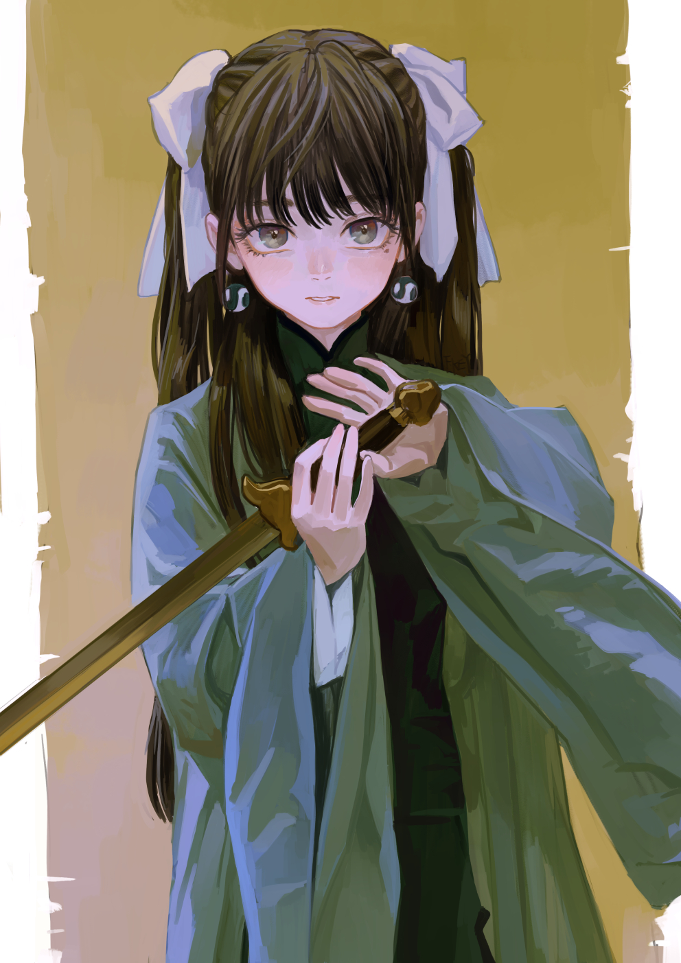 1girl aqua_robe black_hair bow china_dress chinese_clothes choppy_bangs cropped_legs dress earrings eyeball_bracelet_girl_(fkey) fkey gradient_background green_dress grey_eyes hair_bow highres holding holding_sword holding_weapon jewelry long_hair looking_at_viewer original sidelocks simple_background sword twintails weapon white_bow wide_sleeves yin_yang yin_yang_earrings