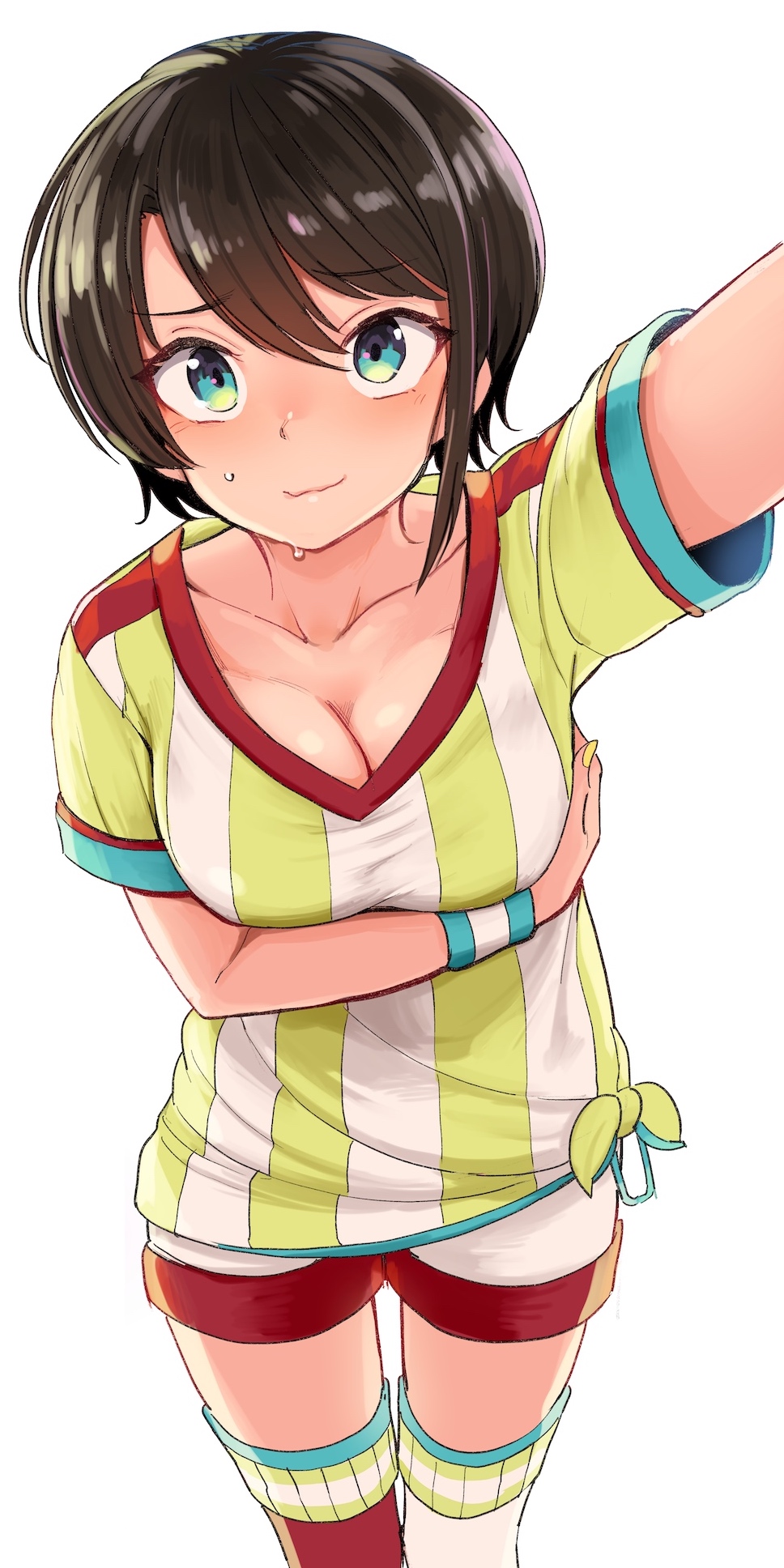 1girl aomushi_(mushamusha) arm_scrunchie blue_eyes blush breasts brown_hair cleavage highres hololive kabedon looking_at_viewer oozora_subaru shirt short_hair smile solo striped striped_shirt swept_bangs vertical_stripes virtual_youtuber white_background