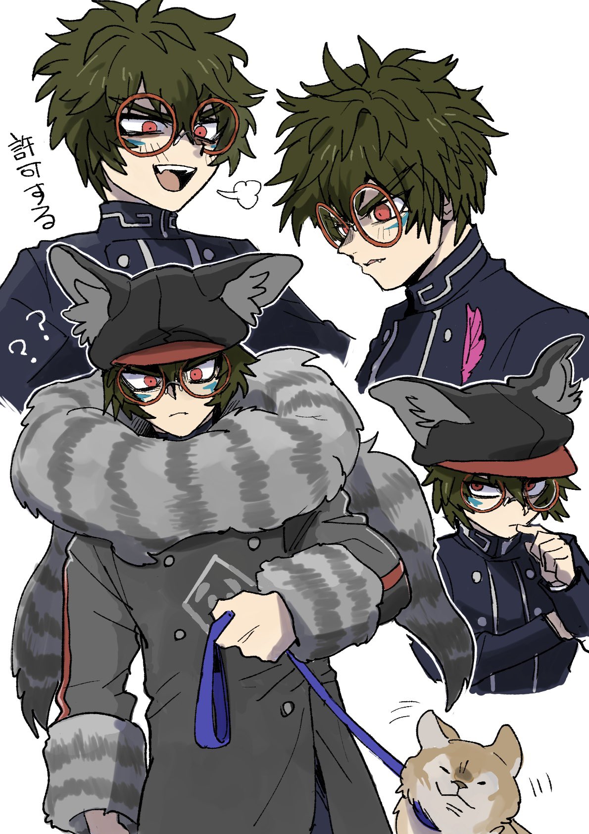 1boy =3 animal_ears animal_hat black_headwear blue_jacket cabbie_hat closed_mouth coat commentary_request dog facial_mark fake_animal_ears feathers fur-trimmed_sleeves fur_collar fur_trim glasses green_hair grey_coat hat highres holding holding_leash jacket kumakoro_(tetsupag) leash long_sleeves looking_at_viewer looking_down male_focus master_detective_archives:_rain_code multiple_views open_mouth red-framed_eyewear red_eyes round_eyewear short_hair simple_background upper_body v-shaped_eyebrows white_background zilch_alexander