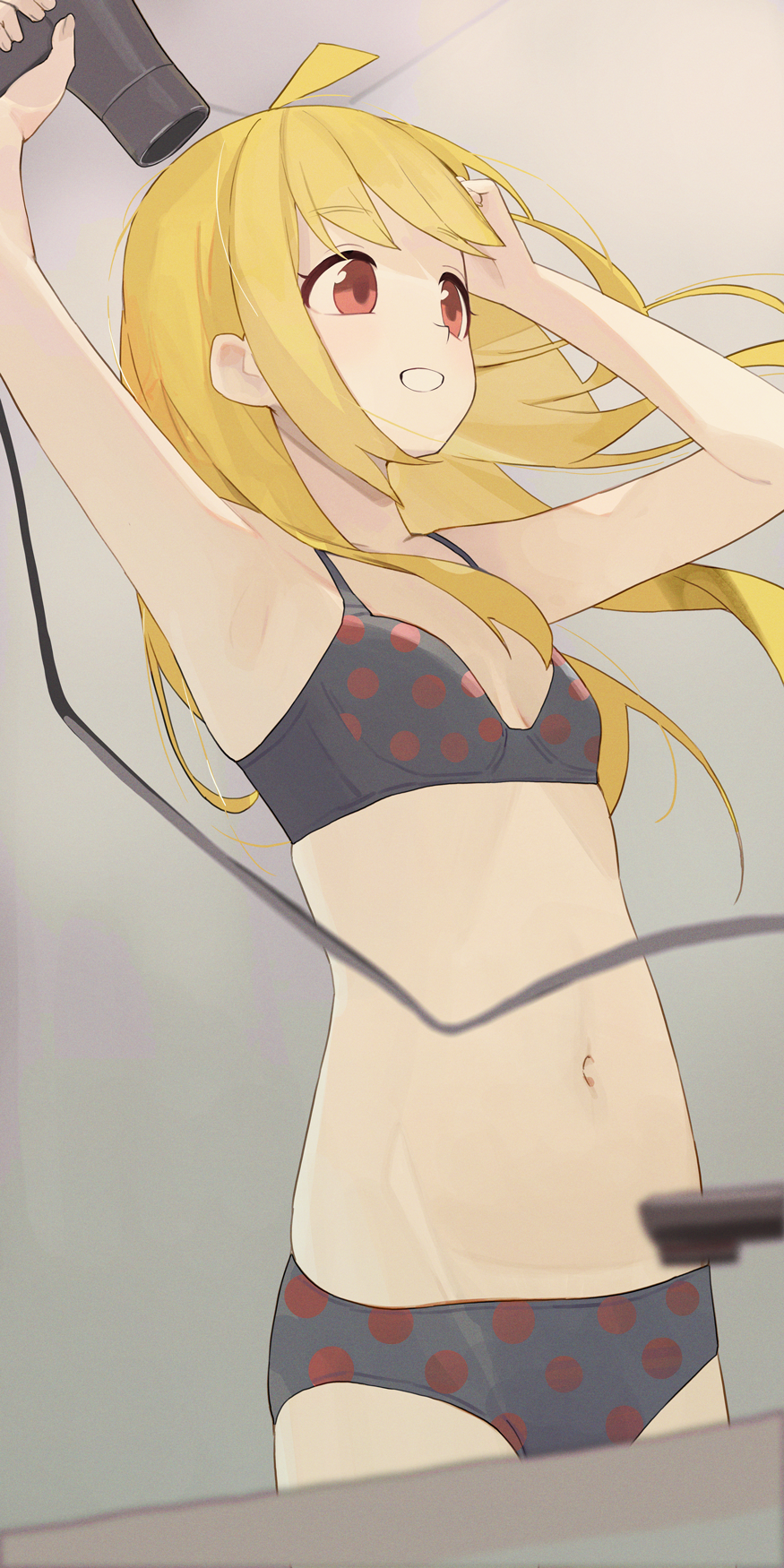 1girl black_bra black_panties blonde_hair bocchi_the_rock! bra commentary_request hair_down highres hiroki_(yyqw7151) ijichi_nijika long_hair panties polka_dot polka_dot_bra polka_dot_panties red_eyes smile solo underwear underwear_only