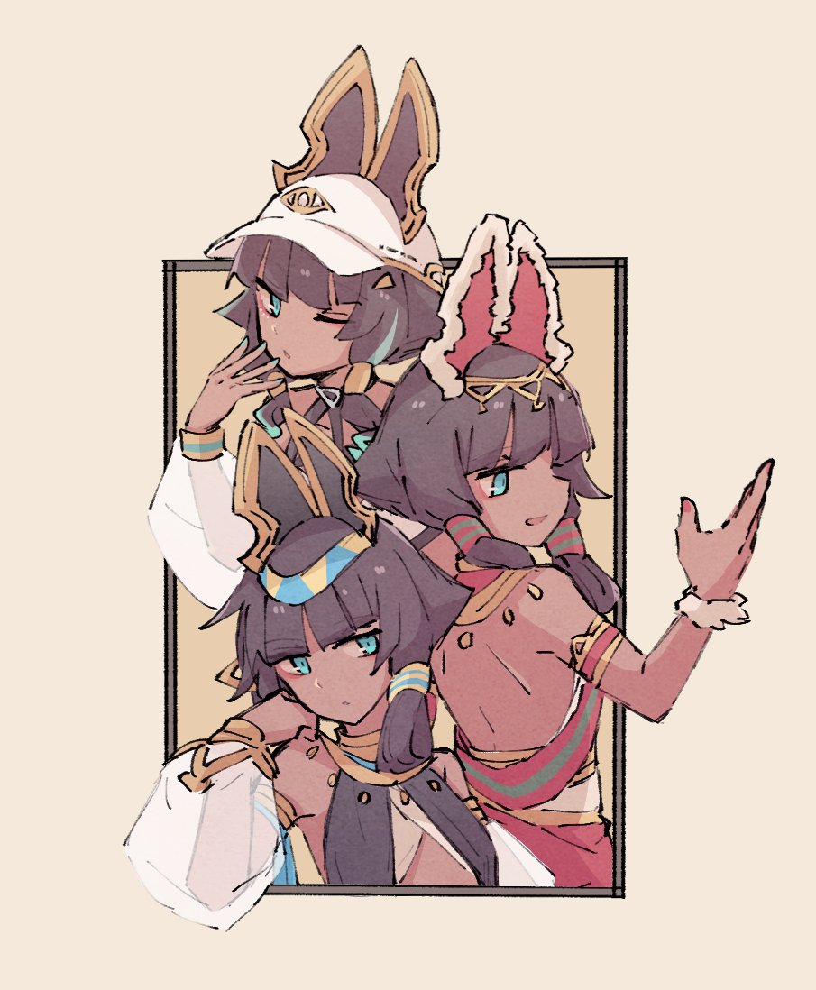 1girl alonemistrist back bare_shoulders black_hair blue_eyes blunt_bangs breasts dark-skinned_female dark_skin dragalia_lost hair_ornament hair_tubes hat multiple_persona nefaria official_alternate_costume one_eye_closed parted_lips small_breasts upper_body white_headwear