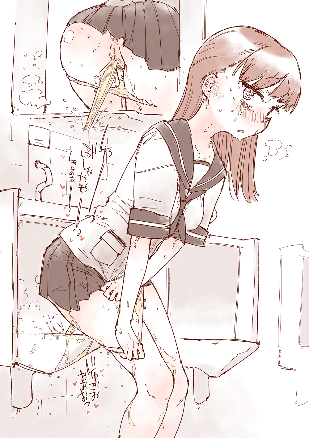 1girl @_@ anus anus_peek ass bathroom black_sailor_collar black_skirt blush bow bow_panties breasts breath brown_hair commentary_request ear_blush embarrassed heart highres indoors industrial_pipe kantai_collection koorimizu leaning_forward legs legs_together long_hair looking_at_viewer miniskirt monochrome multiple_views nose_blush ooi_(kancolle) open_mouth panties panty_pull partial_commentary peeing pleated_skirt pocket pulled_by_self pussy sailor_collar shirt short_sleeves sidelocks sketch skirt small_breasts steam sweat tears thighs toilet_use translation_request uncensored underwear urinal wet wet_clothes wet_panties white_shirt