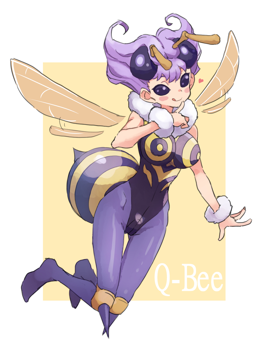 1girl :p antennae arthropod_girl bee_girl blush_stickers border character_name extra_eyes flying full_body gazacy_(dai) heart highres insect_wings leotard monster_girl no_pupils pointy_hair purple_hair q-bee simple_background smile solo tongue tongue_out vampire_(game) white_border wings yellow_background