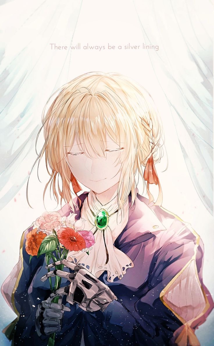 blonde_hair blue_dress dress english_text flower gem green_gemstone karcer_grey red_flower red_rose rose violet_evergarden violet_evergarden_(series) white_background