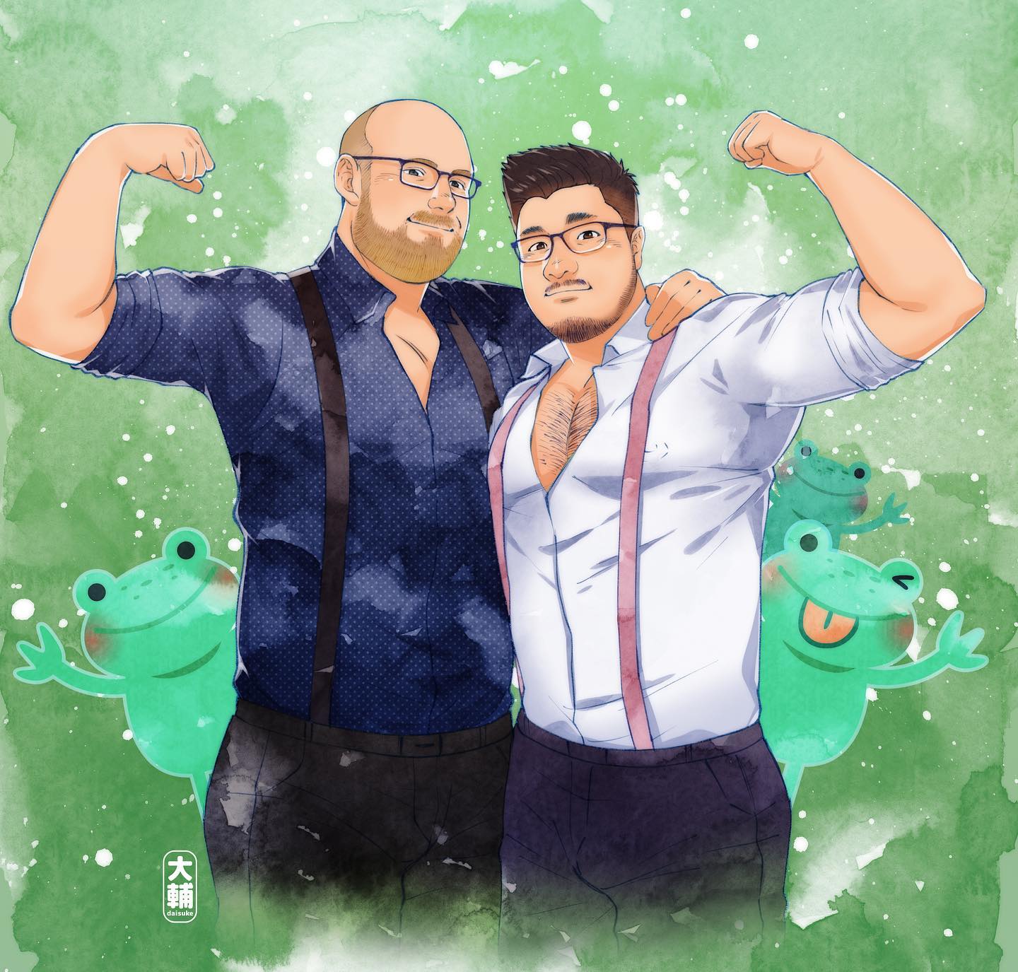 2boys bara beard beard_stubble blonde_hair brown_hair chest_hair collared_shirt commission couple cropped_legs daisukebear facial_hair flexing frog glasses green_background hand_on_another's_shoulder highres large_pectorals looking_at_viewer male_focus mature_male multiple_boys muscular muscular_male original partially_unbuttoned pectoral_cleavage pectorals realistic receding_hairline shirt short_hair side-by-side sleeves_rolled_up suspenders thick_mustache undercut yaoi