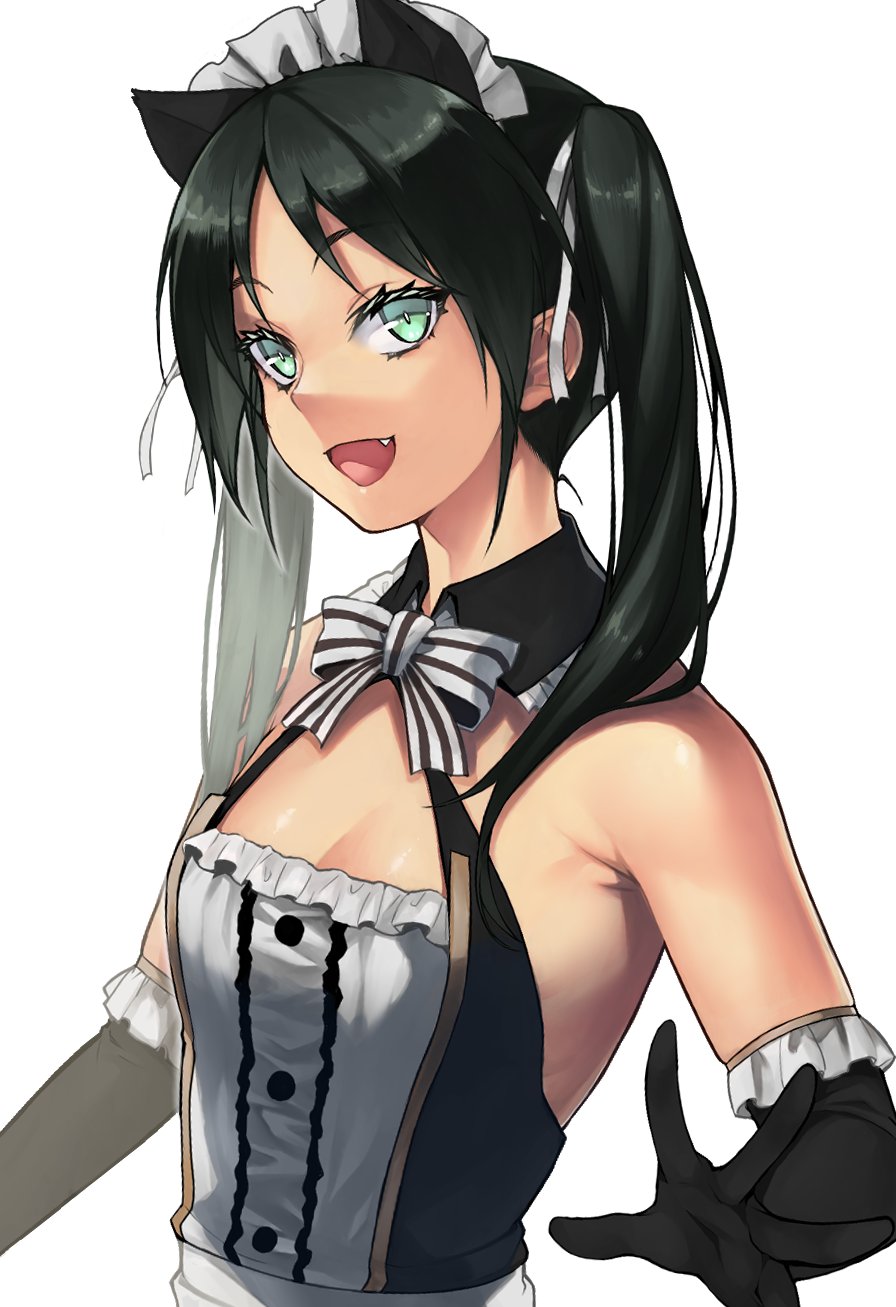 1girl alternate_costume animal_ears asashin_(kazami-tomo) black_gloves bow bowtie breasts cat_ears cleavage elbow_gloves enmaided fang francesca_lucchini gloves green_eyes green_hair highres long_hair looking_at_viewer maid maid_headdress open_mouth simple_background small_breasts smile solo strike_witches striped striped_bow striped_bowtie twintails white_background world_witches_series