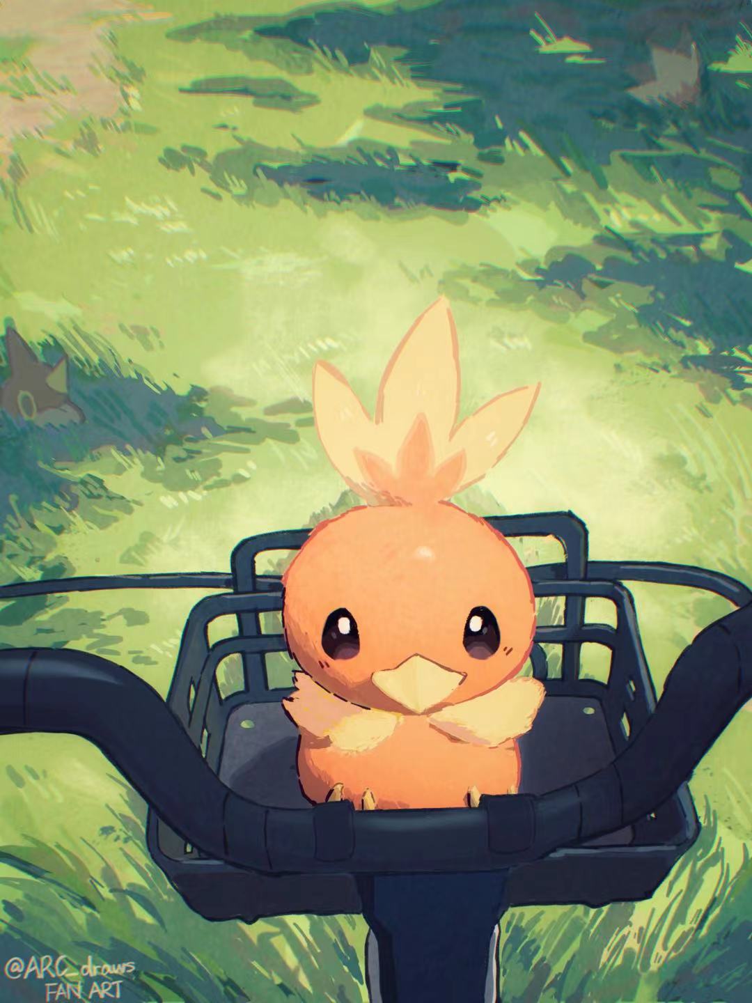 animal_focus arc_draws bicycle bicycle_basket bird black_eyes bright_pupils closed_mouth commentary_request day grass highres no_humans outdoors pokemon pokemon_(creature) torchic twitter_username white_pupils wurmple