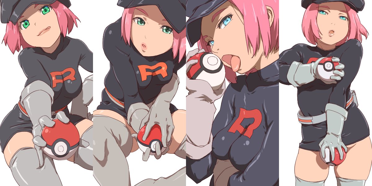 1girl aoi_nori_(aoicoblue) belt black_headwear breasts gloves green_eyes hat holding looking_at_viewer multiple_views open_mouth pink_hair poke_ball poke_ball_(basic) pokemon pokemon_(game) pokemon_go short_hair simple_background skirt smile solo team_rocket team_rocket_grunt team_rocket_uniform thighhighs white_background