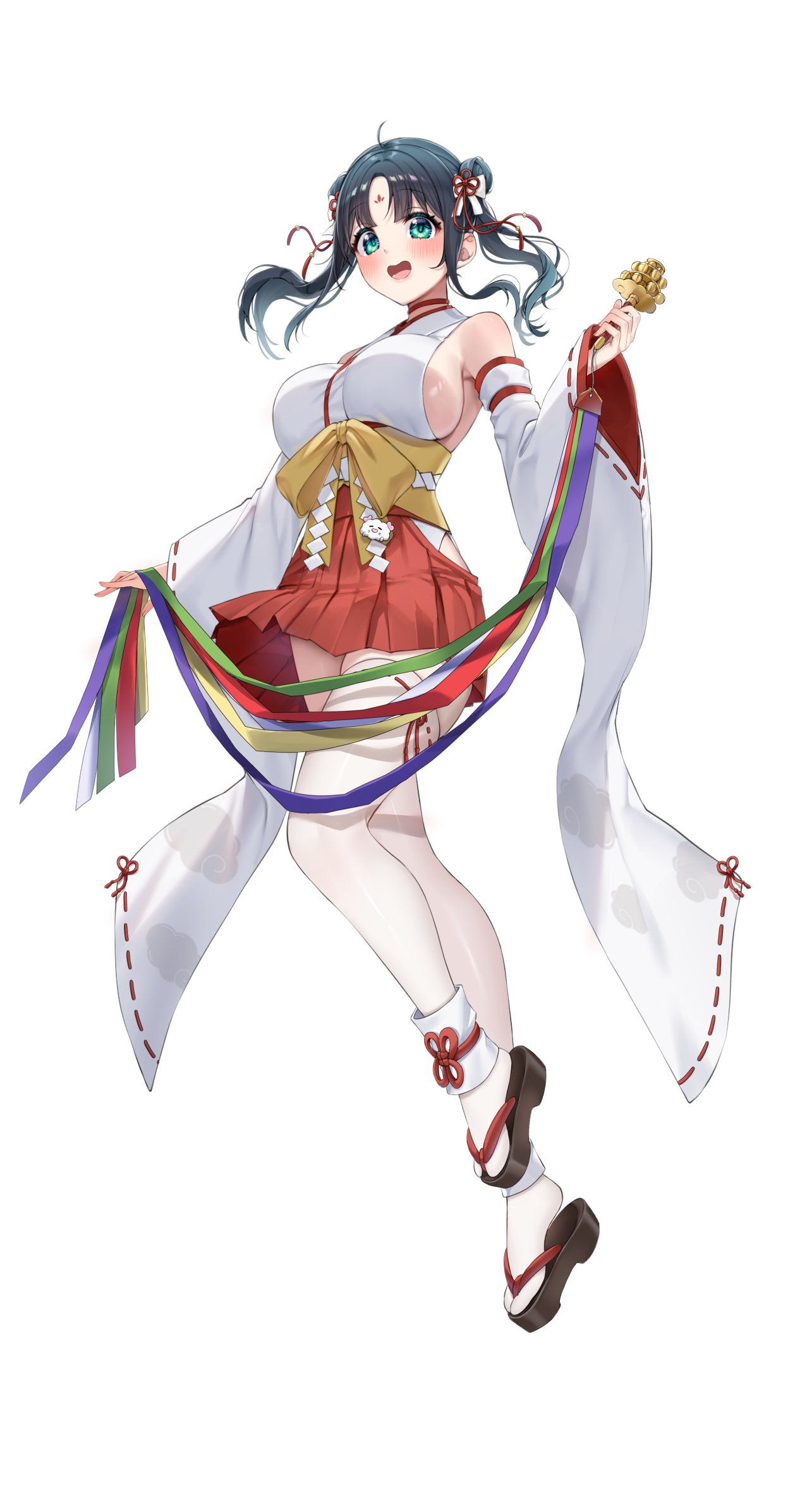 1girl ahoge amano_nene_(shrine_maiden)_(vtuber) amano_nene_(vtuber) aqua_eyes bell black_hair blush breasts choker cloudtomo_(amane_nene) detached_sleeves double_bun english_commentary facial_mark flower_knot forehead_mark full_body geta hair_bun hair_ornament hakama hakama_short_skirt hakama_skirt highres hip_vent holding holding_bell japanese_clothes jingle_bell kagura_suzu lace-trimmed_thighhighs large_breasts long_hair long_sleeves looking_at_viewer nontraditional_miko obi official_alternate_costume official_alternate_hairstyle official_art open_mouth parted_bangs production_kawaii red_choker red_hakama red_skirt sash second-party_source sideboob sideless_kimono simple_background skirt smile solo tassel tassel_hair_ornament thighhighs twintails virtual_youtuber white_background white_sleeves white_thighhighs wide_sleeves zettai_ryouiki