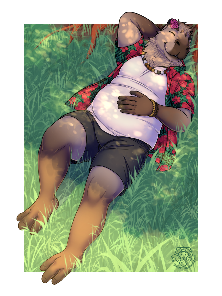 aloha_shirt anthro bottomwear capybara caviid clothed clothing digital_media_(artwork) lying male mammal masahikoko nature on_back outside pattern_clothing pattern_shirt pattern_topwear plant rodent shirt shorts simple_background sleeping slightly_chubby smile solo topwear weaver_(bindog)