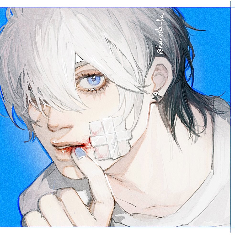 1boy bandage_on_face bandages black_hair blood blood_in_mouth blue_background blue_eyes blue_nails earrings hair_between_eyes hair_over_one_eye hand_to_own_mouth jewelry kuroda_shigeru looking_at_viewer male_focus multicolored_hair nail_polish original portrait short_hair solo star_(symbol) star_earrings twitter_username white_hair