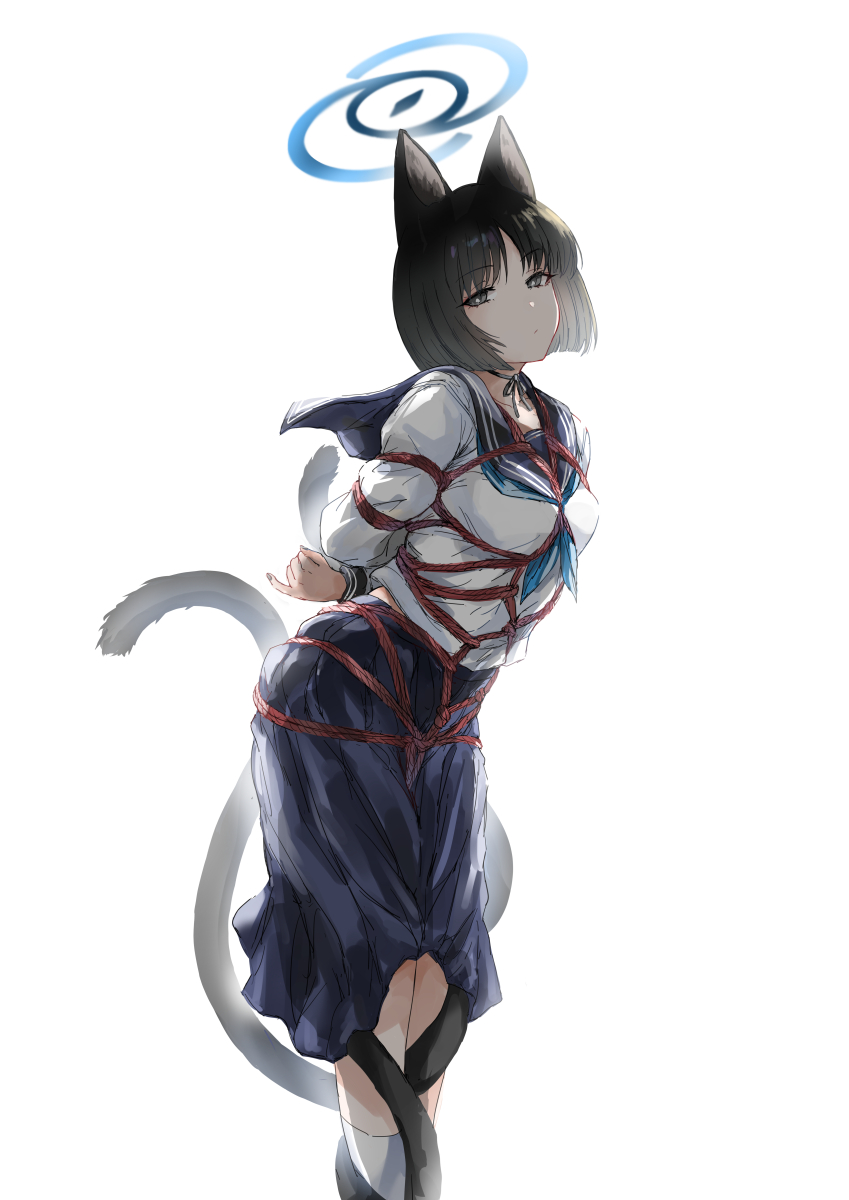 1girl animal_ears bdsm black_eyes black_hair black_sailor_collar black_skirt blue_archive blue_halo blue_neckerchief bondage bound cat_ears cat_tail closed_mouth feet_out_of_frame halo highres kikyou_(blue_archive) long_sleeves looking_at_viewer matsukura_nemu multiple_tails neckerchief pleated_skirt restrained sailor_collar school_uniform serafuku short_hair simple_background skirt socks solo tail two_tails white_background white_socks