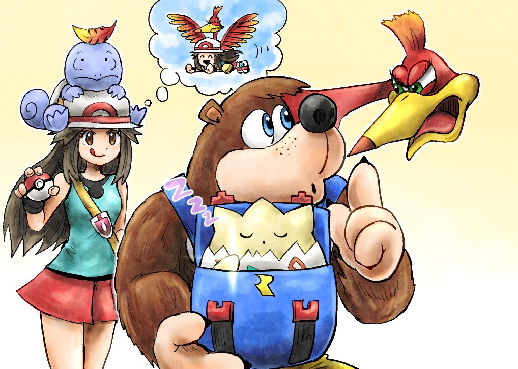 1boy 2girls animal_ears backpack bag banjo-kazooie banjo_(banjo-kazooie) bear_ears blue_eyes brown_eyes brown_hair feathers finger_to_mouth furry furry_male green_eyes holding holding_poke_ball in_bag in_container kazooie_(banjo-kazooie) kicdon leaf_(pokemon) multiple_girls on_head open_mouth poke_ball poke_ball_(basic) pokemon pokemon_(creature) pokemon_(game) pokemon_frlg pokemon_on_head red_skirt shushing skirt sleeping squirtle super_smash_bros. thought_bubble togepi white_headwear zzz
