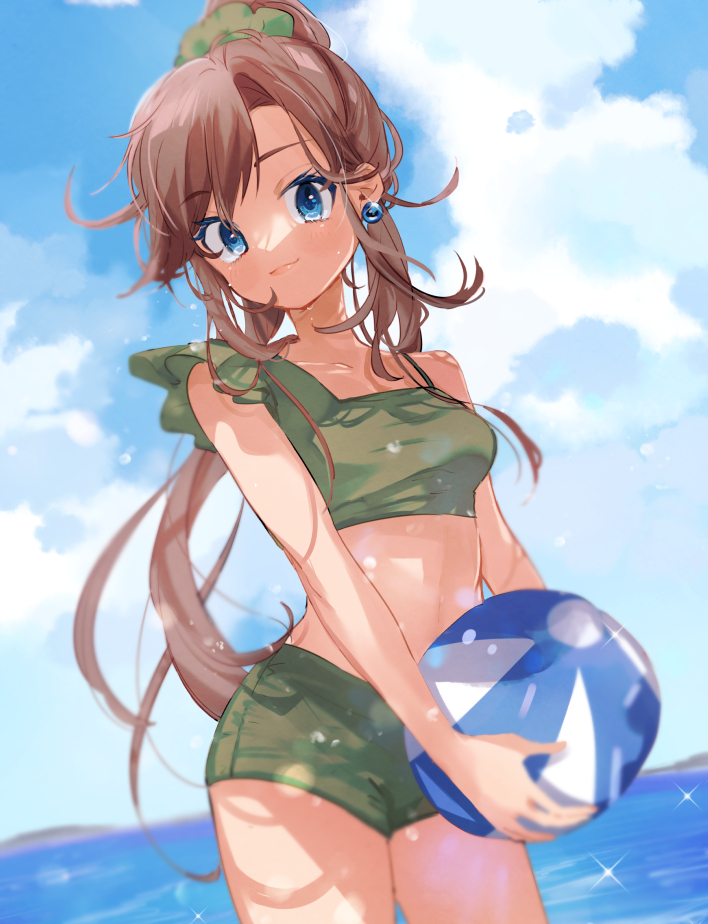 1girl ball bangs beachball blue_eyes blurry blush breasts brown_hair closed_mouth cloud collarbone commentary_request day earrings eyelashes green_(pokemon) green_ribbon green_shirt green_shorts hair_ribbon holding holding_ball jewelry long_hair looking_at_viewer marutoko45 outdoors pokemon pokemon_adventures ribbon shirt shorts sky sleeveless sleeveless_shirt smile solo sparkle standing