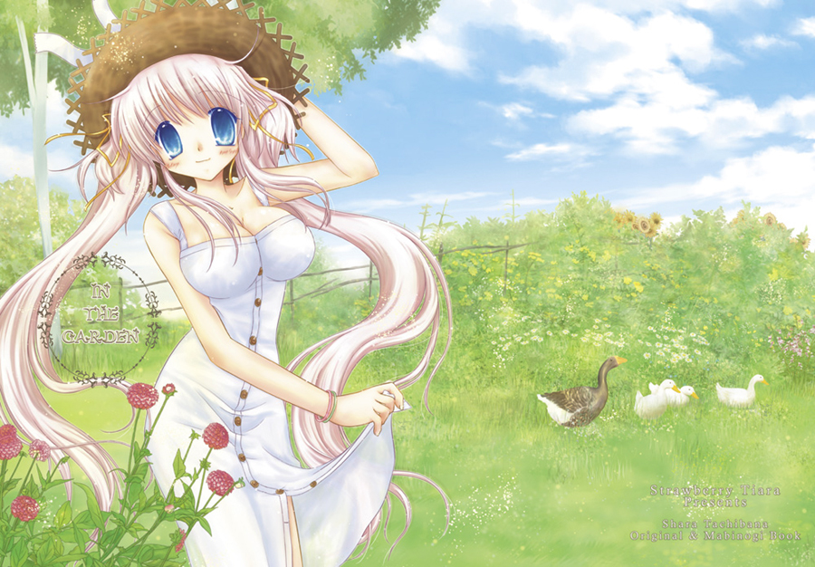 1girl animal arm_behind_head arm_up artist_name bare_shoulders bird blue_sky blush bracelet breasts brown_headwear buttons closed_mouth clothes_lift cloud day dress dress_lift duck flower goose grass hair_ribbon hat jewelry large_breasts lifted_by_self long_hair looking_at_viewer mabinogi nao_(mabinogi) official_alternate_costume outdoors red_flower ribbon shararan sidelocks sky smile solo straw_hat sunflower tree twintails very_long_hair white_dress yellow_flower yellow_ribbon