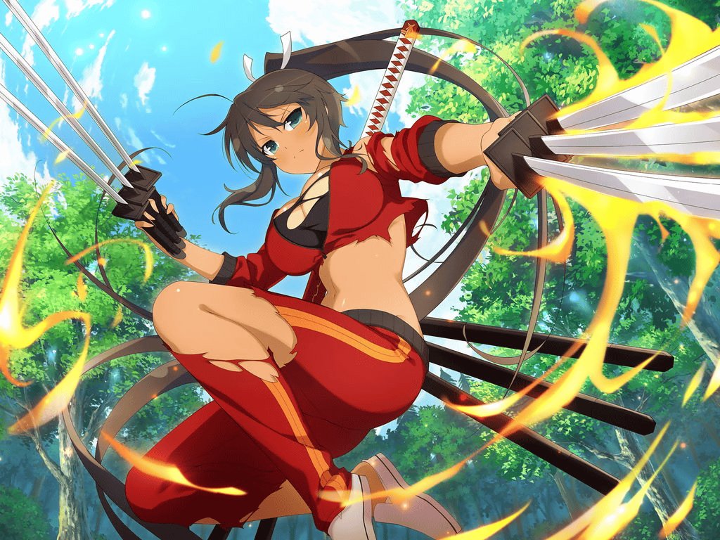 1girl bikini_tan black_hair black_sports_bra blue_sky blush branch breasts bush cleavage cloud dark-skinned_female dark_skin day fire flame flaming_sword flaming_weapon forest green_eyes hair_ribbon high_ponytail holding holding_sword holding_weapon homura_(senran_kagura) jacket katana koshirae large_breasts linea_alba long_hair looking_at_viewer midair midriff multiple_swords multiple_wielding nature navel official_alternate_costume official_art ootachi outdoors pants plant ponytail pyrokinesis red_jacket red_pants red_track_suit ribbon scabbard senran_kagura senran_kagura_new_link senran_kagura_shoujo-tachi_no_shin'ei sheath sheathed shiny_skin sky solo sports_bra sword tan tanlines torn_clothes torn_jacket torn_pants torn_sports_bra tree tsuba_(guard) tsuka-ito unsheathed very_long_hair weapon white_footwear white_ribbon yaegashi_nan