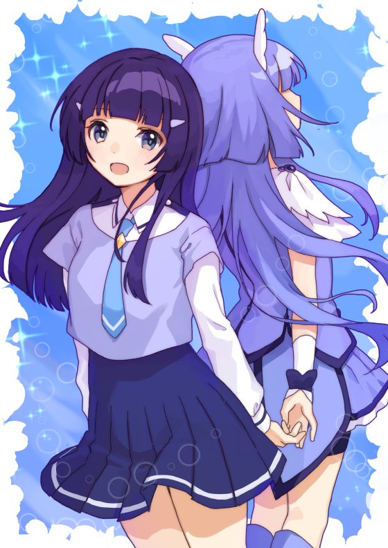 2girls aoki_reika back-to-back blue_eyes blue_hair blue_necktie blue_shirt blue_skirt collared_shirt commission cure_beauty dress_shirt dual_persona hair_ornament hairclip layered_sleeves long_sleeves magical_girl mitsuyo_(mituyo324) multiple_girls nanairogaoka_middle_school_uniform necktie pleated_skirt precure school_swimsuit school_uniform shirt short_over_long_sleeves short_sleeves skirt smile_precure! solo_focus swimsuit white_shirt