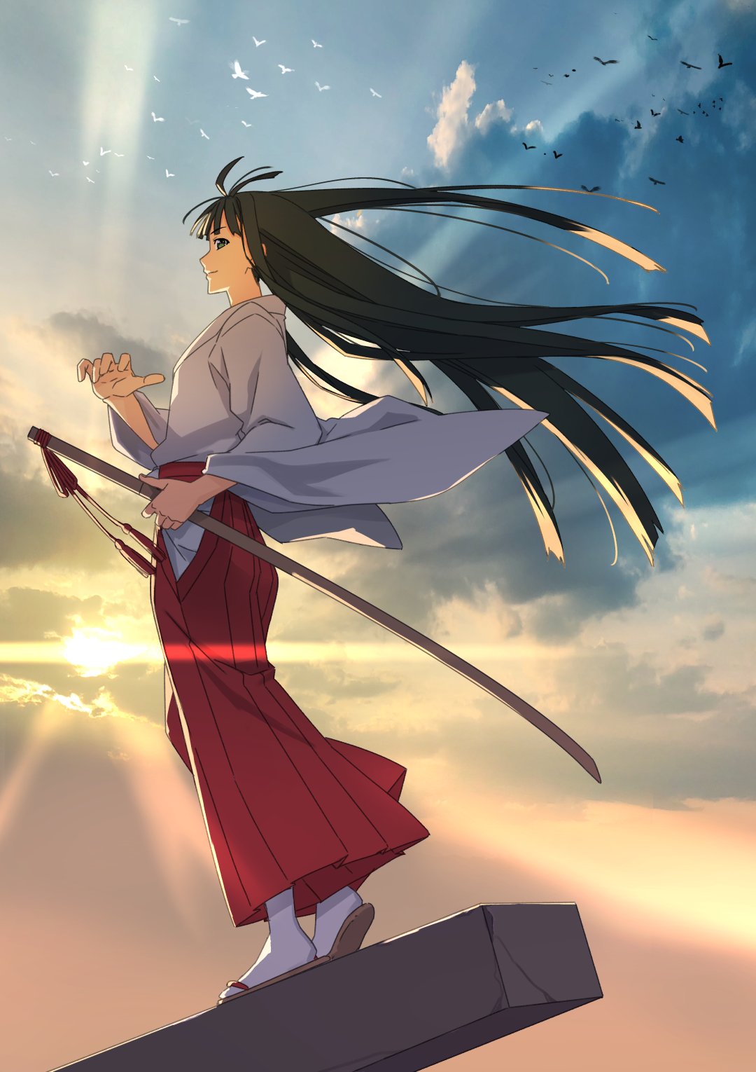 1girl akamatsu_ken aoyama_motoko bird black_eyes black_hair blue_sky blunt_bangs breasts brown_footwear cloud commentary concrete dusk evening floating_clothes floating_hair flock from_side furisode gradient_sky hair_strand hakama hand_up highres holding holding_sword holding_weapon japanese_clothes katana kimono light_rays long_hair long_sleeves looking_at_viewer looking_to_the_side love_hina messy_hair orange_sky outdoors profile red_hakama sheath sheathed sky small_breasts socks standing sun sunbeam sunlight sunset sword tabi textless_version thighhighs very_long_hair weapon white_kimono white_socks wind wind_lift zouri